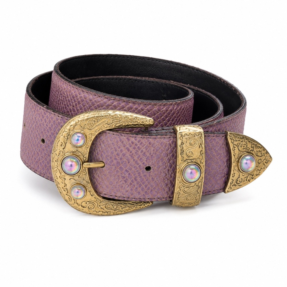 Vintage Leatherock Western Boho Belt Womens S Snakeskin Gold Cabochon Statement
